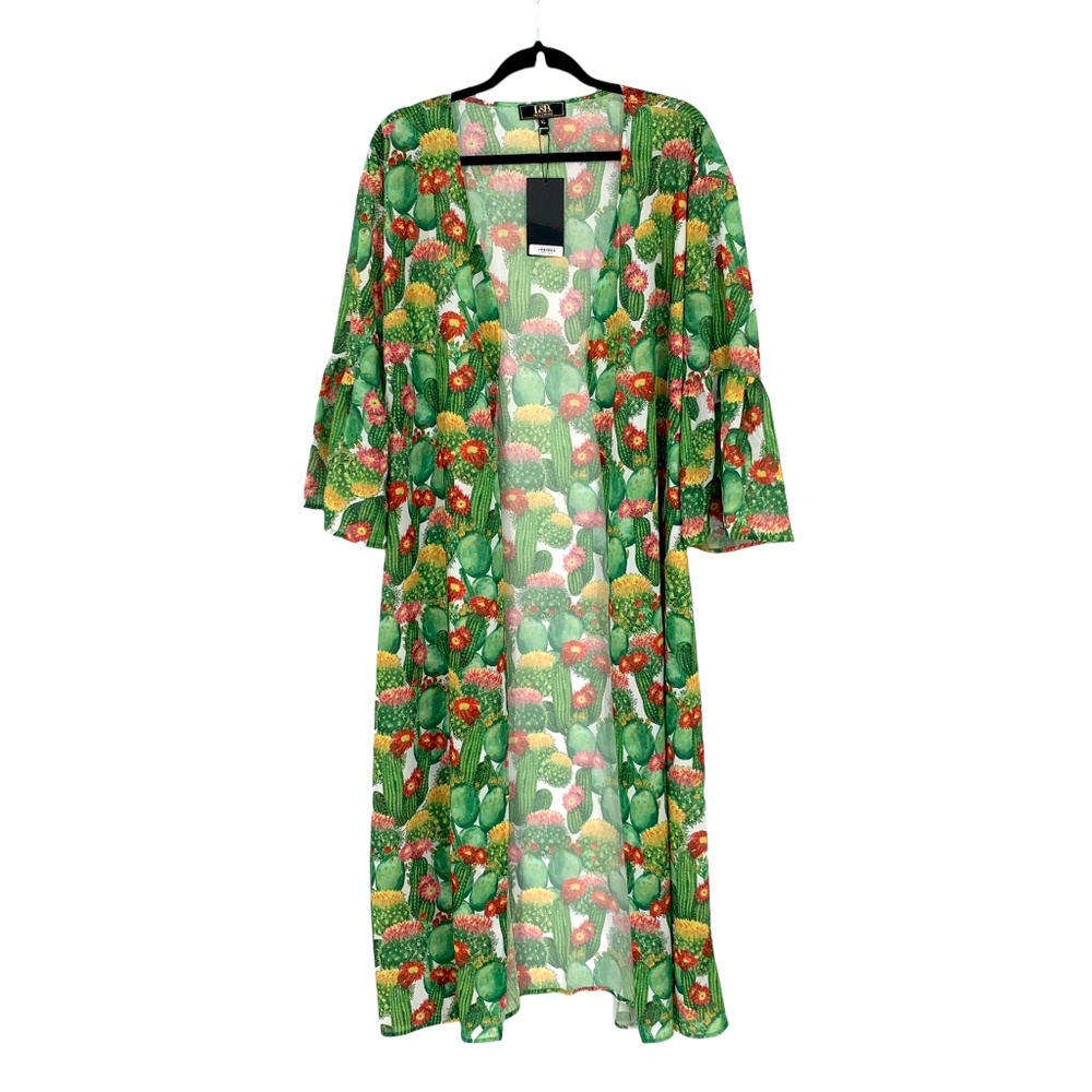 L&B Lucky & Blessed Plus Size All Over Cactus Print Kimono With Ruffle Sleeves
